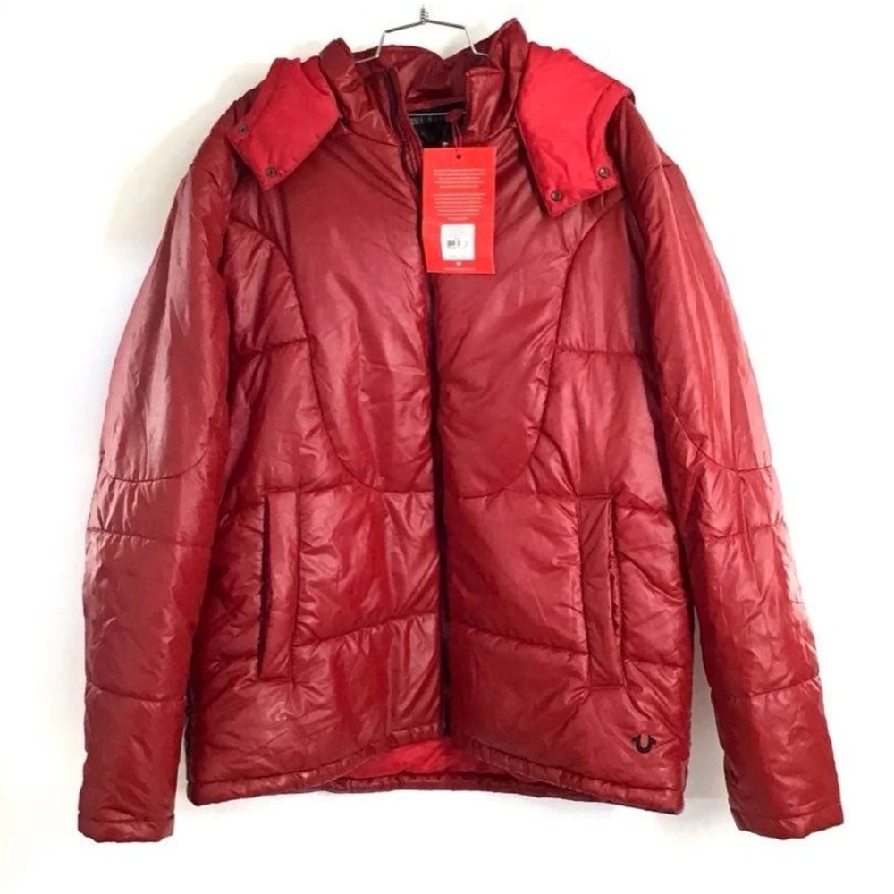 True Religion Men's Ruby Red Hooded Shiny Puffer Jacket NWT 3XL Warm Winter Coat